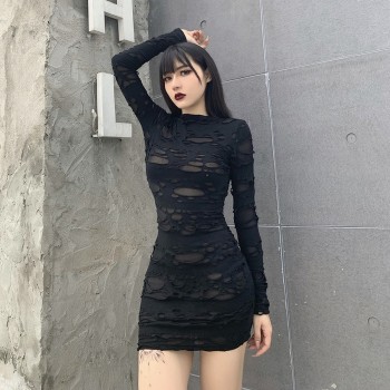 Gothic Black Mini Dress Streetwear Rock Punk Hollow Retro High Waist Long Sleeve Bodycon
